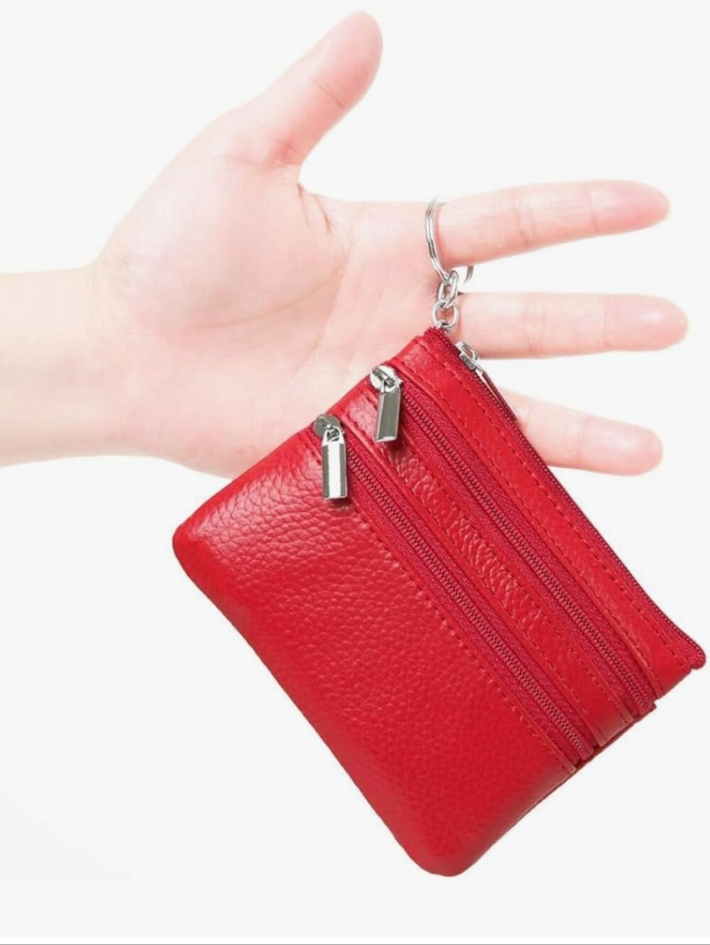 Genuine Leather Zip Coin Pouch - Red